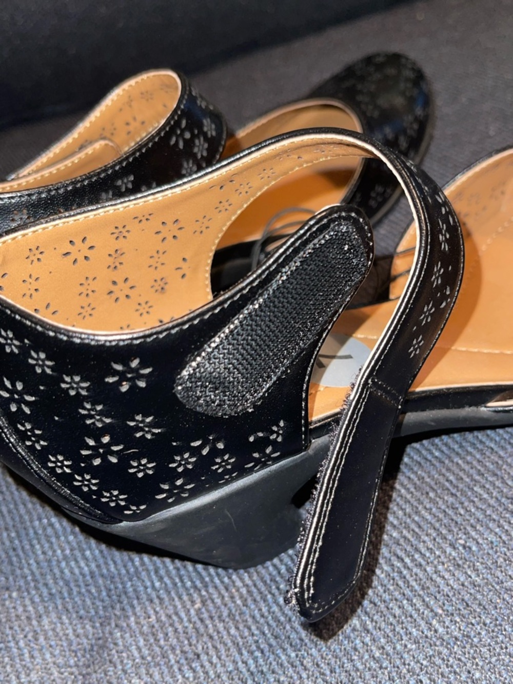 Easy Spirit Classic Black Mary Jane Heels with Perforated Floral Design/Velcro - Picture 6 of 11